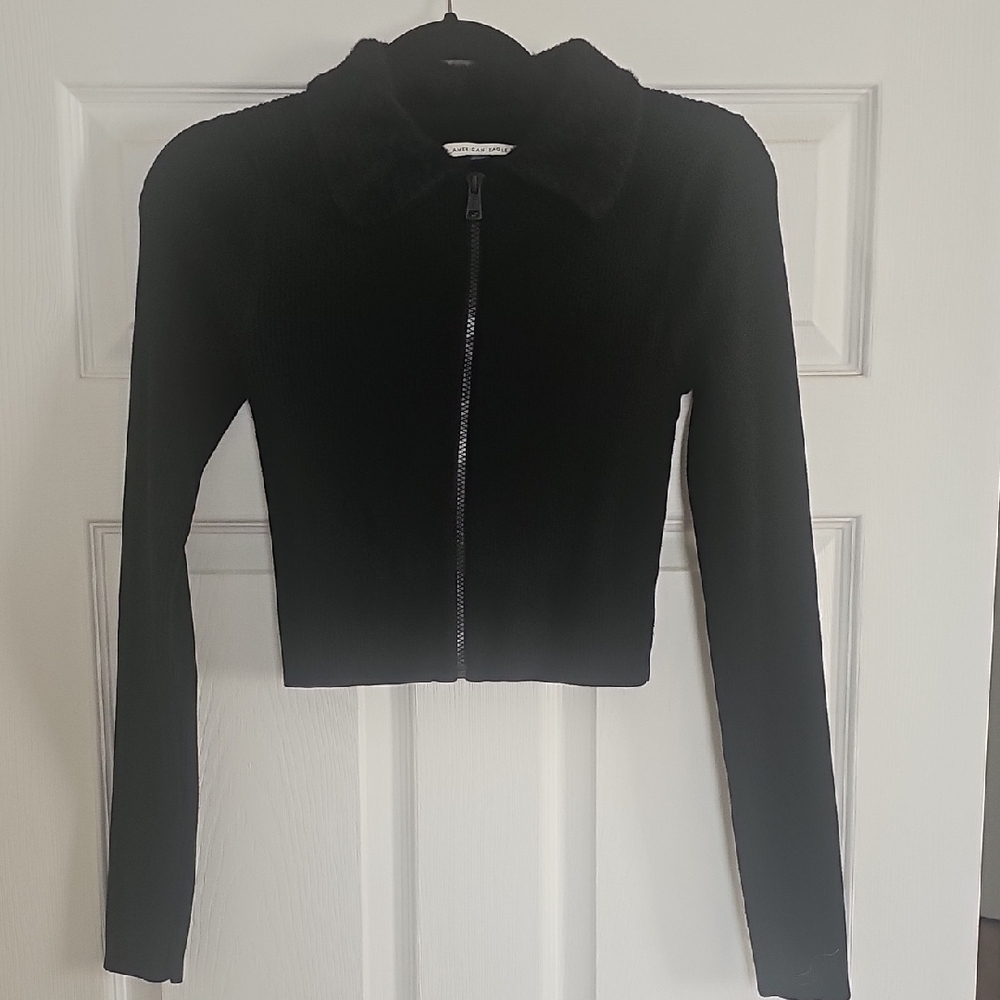 American Eagle Outfitters Black Fuzzy Zip-Up Jacket